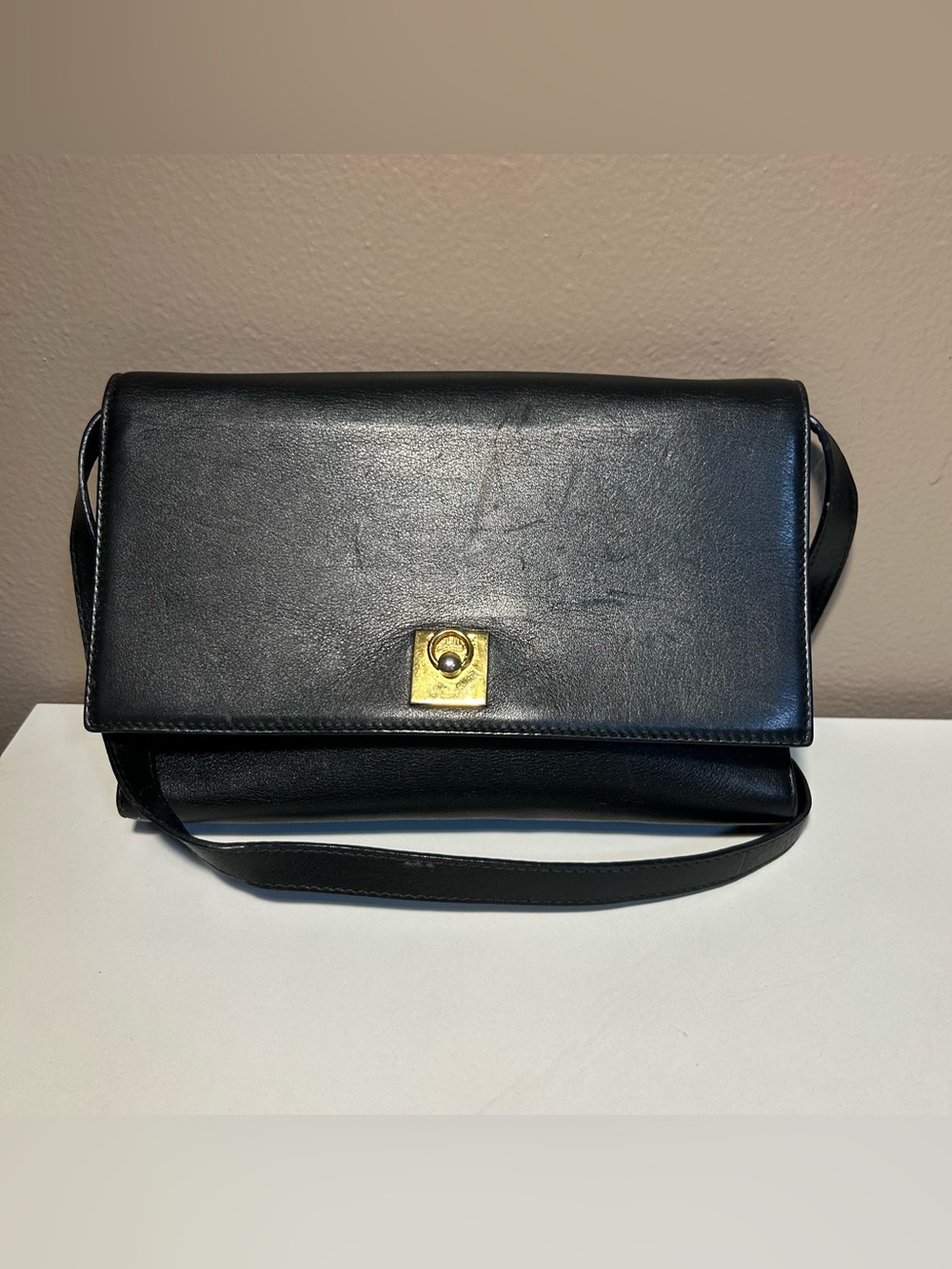 Celine Vintage Black Box Calf Leather Shoulder Bag Convertible Clutch